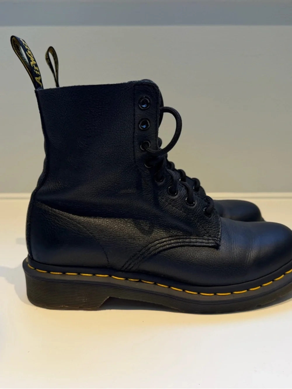 Dr. Martens Inspired Black Leather Combat Boot with Yellow Stitching - Picture 10 of 12